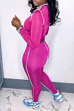 Rose Contrast Color Spliced Long Sleeve Bandage Hollow Out Tops Pencil Pants Sets MN8382-1