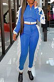 Peacock Blue Women Flounce Stand Collar Zipper Long Sleeve Pants Sets KXL858-2