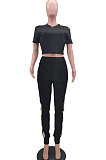 Black Cotton Blend  Side Strip Short Sleeve Round Neck T-Shirt Long Pants Sets TK6188-2