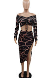 Black Women Casual Fashion Long Sleeve Irregular Dew Waist Split Shirred Detail Skirts Sets GB8034