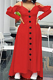 Black Cute Preppy New Ruffle Long Sleeve Off Shoulder V Neck Buttoned Front Collect Waist Swing Long Dress SM9205-2