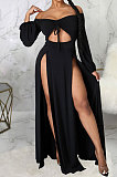 White Sexy Wholesale Off Shoulder Long Sleeve Collect Waist Slit  Strapless Dress SMR10305-3