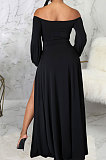 Black Sexy Wholesale Off Shoulder Long Sleeve Collect Waist Slit  Strapless Dress SMR10305-2