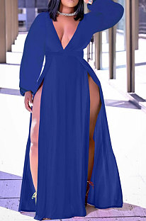 Blue Sexy Big Yards Long Sleeve V Collar Slim Fitting Solid Color Slit Dress WA77273-4