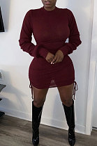 Wine Red Simple Casual Long Sleeve Bandage Collect Waist Wrap Dress OH8093