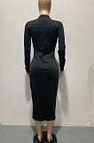 Beige Women Pure Color Zipper Deep V Collar Long Sleeve Mid Waist Tight Sexy Midi Dress AMW8338-2