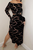 Black Women Casual Fashion Long Sleeve Irregular Dew Waist Split Shirred Detail Skirts Sets GB8034