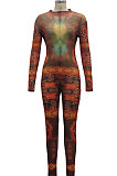 Brown Sexy Mesh Print Long Sleeve V Neck Collect Waist Bodycon Jumpsuits SMR10278-1
