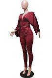 Black Newest Batwing Sleeve V Neck Ruffle Collect Waist Solid Color Bodycon Jumpsuits WY6841-3