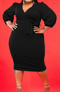 Black Fashion Big Yards Pure Color Puff Sleeve V Neck Bandage Fat Women Dress WA77249-3