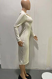 Beige Women Pure Color Zipper Deep V Collar Long Sleeve Mid Waist Tight Sexy Midi Dress AMW8338-2