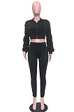 Black Autumn Winter Casual Ruffle Sleeve Zip Front Coat Pencil Pants Sport Sets ORY5064-1