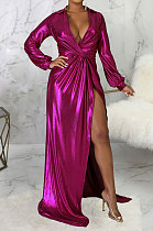 Rose Red Club Hot Starmping Long Sleeve V Collar Slim Fitting Sexy Slit Swing Long Dress SMR10194-4