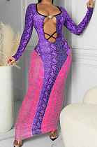 Purple Pink Sexy Snakeskin Print Long Sleeve Hollow Out Collect Waist Bodycon Dress TRS1180-1