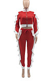 Red Women Flounce Stand Collar Zipper Long Sleeve Pants Sets KXL858-1