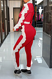 Red White Edge Women Flounce Stand Collar Zipper Long Sleeve Pants Sets KXL858-4