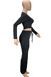 Black Women Solid Color Long Sleeve Bodycon Tops Casual Flare Leg Pants Sets KXL856-1