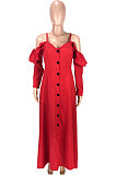 Red Cute Preppy New Ruffle Long Sleeve Off Shoulder V Neck Buttoned Front Collect Waist Swing Long Dress SM9205-3