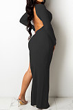 Black Ribber Sexy Long Sleeve V Neck Backless Slim Fitting Solid Color Slit Maxi Dress TRS1176-1
