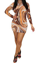 Orange Yellow Euramerican Women Autumn Winter Trendy Long Sleeve Backless Round Collar Mid Waist Mini Dress GB8033-1