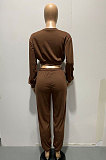 Coffee Women Trendy Casual Solid Color Crop Bodycon Pants Sets AMW8336-3