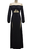 Black Sexy Wholesale Off Shoulder Long Sleeve Collect Waist Slit  Strapless Dress SMR10305-2