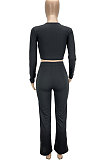 Gray Women Solid Color Long Sleeve Bodycon Tops Casual Flare Leg Pants Sets KXL856-3