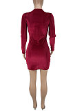 Khaki Women Pure Color Ribber Velvet Sexy Round Collar Mid Waist Long Sleeve Mini Dress KXL860-2