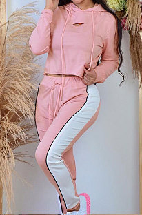 Pink Casual Sport Long Sleeve Loose Hoodie Contrast Color Sweat Pants Sets OQ027-1