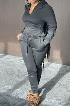 Black Euramerican Women Pure Color Fleece Hooded Long Sleeve Pants Sets KXL857-2