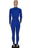 Blue Contrast Color Spliced Long Sleeve Bandage Hollow Out Tops Pencil Pants Sets MN8382-2