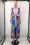 Pink Newest Print Long Sleeve Lepal Neck Single-Breasted With Beltband Swing Shirt Dress DMM8183-5