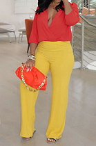 Red+Yellow Wholesale Women Half Sleeve V Collar Loose Blouse Wide Leg Pants Casual Sets ORY5209