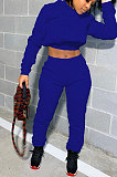 Blue Women Hooded Long Sleeve Fleece Solid Color Bandage Long Pants Sets CSY830-4