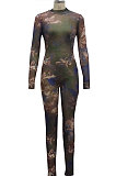 Black Sexy Mesh Print Long Sleeve V Neck Collect Waist Bodycon Jumpsuits SMR10278-2