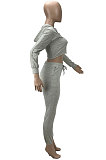 Gray White Euramerican Women Pure Color Fleece Hooded Long Sleeve Pants Sets KXL857-1