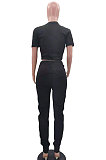 White Cotton Blend  Side Strip Short Sleeve Round Neck T-Shirt Long Pants Sets TK6188-1