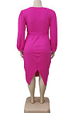 Rose Red Fashion Big Yards Pure Color Puff Sleeve V Neck Bandage Fat Women Dress WA77249-1