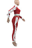 Red Women Flounce Stand Collar Zipper Long Sleeve Pants Sets KXL858-1