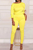 Orange Cotton Blend Pure Color Long Sleeve Loose T-Shirts Bodycon Pants Slim Fitting Sets OH8092-1