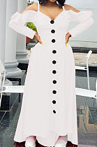 White Cute Preppy New Ruffle Long Sleeve Off Shoulder V Neck Buttoned Front Collect Waist Swing Long Dress SM9205-1