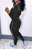 Black Contrast Color Spliced Long Sleeve Bandage Hollow Out Tops Pencil Pants Sets MN8382-3