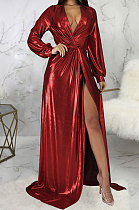 Wine Red Club Hot Starmping Long Sleeve V Collar Slim Fitting Sexy Slit Swing Long Dress SMR10194-1