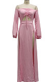 Pink Sexy Wholesale Off Shoulder Long Sleeve Collect Waist Slit  Strapless Dress SMR10305-1