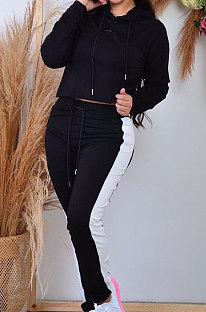 Black Casual Sport Long Sleeve Loose Hoodie Contrast Color Sweat Pants Sets OQ027-2