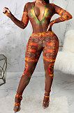 Green Sexy Mesh Print Long Sleeve V Neck Collect Waist Bodycon Jumpsuits SMR10278-3