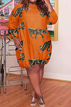 Orange Women Printing Loose Waist Pullover Long Sleeve Mini Dress GB8032