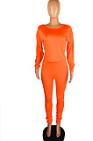 Orange Cotton Blend Pure Color Long Sleeve Loose T-Shirts Bodycon Pants Slim Fitting Sets OH8092-1
