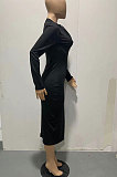 Black Women Pure Color Zipper Deep V Collar Long Sleeve Mid Waist Tight Sexy Midi Dress AMW8338-1