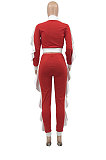 Red White Edge Women Flounce Stand Collar Zipper Long Sleeve Pants Sets KXL858-4